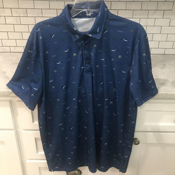 Huk Polo Shirt Mens Large Blue Fishing Performance Allover Print Tropical Marlin - Picture 1 of 7
